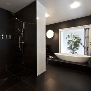 Bathroom with black wall and floor tiles, white architecture, bathroom, floor, home, interior design, room, black
