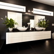 Bathroom with black floor and wall tiles, white bathroom, countertop, floor, flooring, furniture, interior design, product design, sink, tile, black, white