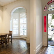 Dining table with wooden flooring and front door ceiling, estate, home, interior design, property, real estate, window, white