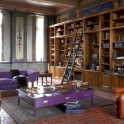 Library with purple and red furniture, wooden bookcase bookcase, furniture, interior design, library, living room, lobby, public library, shelving, brown