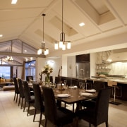 Dining table 12-seater, gabled roof, white walls white ceiling, dining room, furniture, interior design, light fixture, lighting, restaurant, room, table, orange