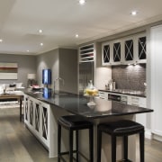 Kitchen with grey flooring, dark benchtop, back stools cabinetry, countertop, cuisine classique, interior design, kitchen, real estate, room, gray