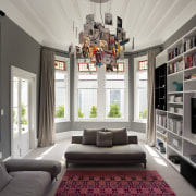 Interior designer Sonya Cotter chose a deep gray ceiling, home, interior design, living room, room, window, gray