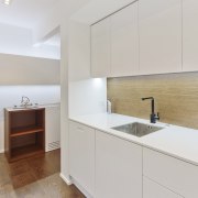 A view of the kitchen prior to the architecture, bathroom, countertop, floor, home, interior design, kitchen, property, real estate, room, sink, gray