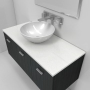 Dark vanity with white benchtop and white basin. angle, bathroom accessory, bathroom cabinet, bathroom sink, ceramic, plumbing fixture, product design, sink, tap, gray