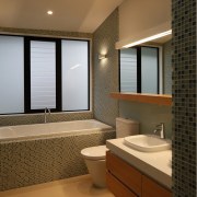 Bathroom with tile mosaic wall and light toned architecture, bathroom, ceiling, daylighting, home, interior design, real estate, room, sink, window, brown