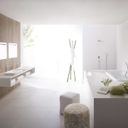 Bathroom with white walls and double basins. - architecture, bathroom, daylighting, floor, flooring, furniture, home, house, interior design, interior designer, living room, product design, room, tap, wall, wood, white