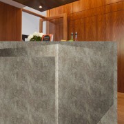 Kitchen with wooden cabinetry, grey benchtop and wooden floor, flooring, interior design, tile, wall, wood, brown, gray