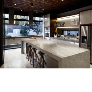 Kitchen with contemporary island with DuPont surface. countertop, interior design, kitchen, table, white, black