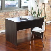 Brown wooden desk and contemporary white chair. - coffee table, desk, floor, flooring, furniture, hardwood, laminate flooring, product design, table, wood, wood flooring, wood stain, white