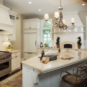 White walls and crown mouldings. Neutral furniture colours. cabinetry, countertop, cuisine classique, home, interior design, kitchen, room, gray