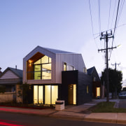 facade from street - two sides - facade architecture, building, cottage, facade, home, house, property, real estate, residential area, roof, sky, suburb, teal