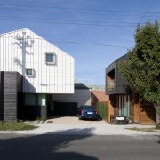 facade from street - two houses. - facade architecture, building, facade, family car, home, house, luxury vehicle, neighbourhood, property, real estate, residential area, suburb, black
