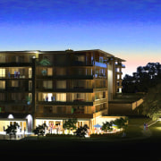 Exterior at night - Exterior at night - apartment, architecture, building, condominium, corporate headquarters, facade, home, hotel, mixed use, property, real estate, residential area, sky, black, blue