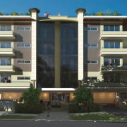 Exterior with trees at front of building. - apartment, architecture, building, commercial building, condominium, corporate headquarters, elevation, facade, home, house, metropolitan area, mixed use, neighbourhood, official residence, property, real estate, residential area, black