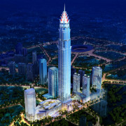 View of tower from above. - View of aerial photography, bird's eye view, building, city, cityscape, daytime, landmark, metropolis, metropolitan area, night, sky, skyline, skyscraper, tower, tower block, urban area, blue