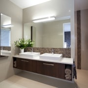 floating cabinetry in bathroom, tea walls, white basins bathroom, bathroom accessory, home, interior design, real estate, room, sink, gray