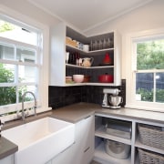 white cabinets in scullery, farmhouse sink - white cabinetry, countertop, cuisine classique, home, interior design, kitchen, room, window, gray