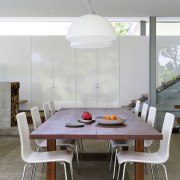 wooden dining table with white chairs - wooden chair, dining room, furniture, interior design, light fixture, lighting, product design, table, gray