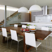 white lampshades overhead, white everything - white lampshades countertop, dining room, interior design, kitchen, table, gray, brown