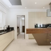 white streamlined cabinets, floors and ceilings. stainless steel cabinetry, countertop, cuisine classique, floor, flooring, interior design, kitchen, property, real estate, room, gray