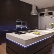 View of contemporary kitchen with brown wall, brown cabinetry, countertop, interior design, kitchen, room, under cabinet lighting, black