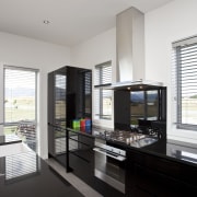 David Reid Homes. Kitchen dark reflective surfaces, white interior design, kitchen, real estate, gray, black