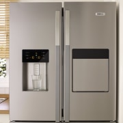 Stainless Beko fridge with ice maker. - Stainless home appliance, kitchen appliance, major appliance, product, product design, refrigerator, gray