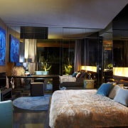 A mirrored wall enlarges the apparent size of hotel, interior design, room, suite, black