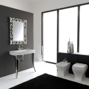 contemporary minimalist bathroom featuring vanity, mirror, toilet, bidet. bathroom, bathroom accessory, bathroom cabinet, interior design, plumbing fixture, product design, room, sink, tap, white, black