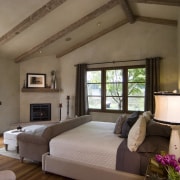 Rustic house modelled on French barn. Interiors feature bedroom, ceiling, estate, interior design, real estate, room, window, brown