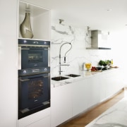 Linea range products from Smeg, distributed by Applico; countertop, cuisine classique, home appliance, interior design, kitchen, kitchen appliance, kitchen stove, major appliance, refrigerator, white