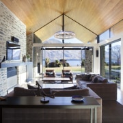 pointed timber roof, dark coloured fabrics in living ceiling, interior design, living room, real estate, gray