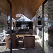 pointed timber roof, dark coloured fabrics in living interior design, real estate, black, gray