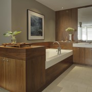 Bathroom in loft-style apartment designed by owner-architect David cabinetry, countertop, cuisine classique, floor, furniture, interior design, kitchen, sink, brown