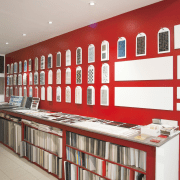 showroom swatches of wallpaper, colours, tiles, paint furniture, interior design, product, shelf, shelving, gray, red