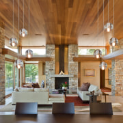 timber roofed room, hanging lights, wooden table and ceiling, daylighting, hardwood, interior design, living room, lobby, real estate, table, wood, brown