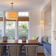 Here is a view of a dining area ceiling, dining room, home, house, interior design, living room, real estate, room, table, window, gray