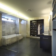 Large shower space - Large shower space - architecture, bathroom, ceiling, daylighting, floor, flooring, house, interior design, lobby, real estate, room, tile, black, gray