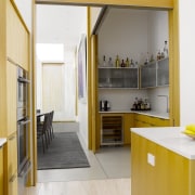 Seen here is a kitchen designed by Geoffrey architecture, cabinetry, countertop, floor, flooring, house, interior design, kitchen, room, wood flooring, white, orange