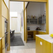 Seen here is a kitchen designed by Geoffrey architecture, cabinetry, countertop, floor, flooring, house, interior design, kitchen, room, white, orange