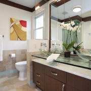 environmentally friendly composite veneer on the vanity front, bathroom, bathroom accessory, bathroom cabinet, cabinetry, countertop, home, interior design, kitchen, room, sink, gray