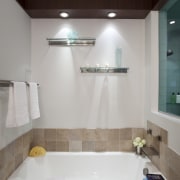 he wood edge on the ceiling brings cohesion bathroom, ceiling, daylighting, floor, home, interior design, plumbing fixture, room, tile, wall, gray