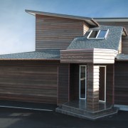 Front view of houses spouting system. - Front building, elevation, facade, home, house, property, real estate, roof, siding, black