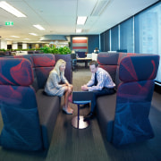 Seating area for meetings. - Seating area for furniture, interior design, office, passenger, blue