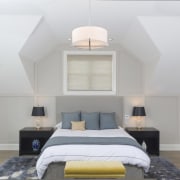 Symmetry evokes a sense of calm in this architecture, bed frame, bedroom, ceiling, daylighting, estate, home, house, interior design, real estate, room, wall, window, gray, white