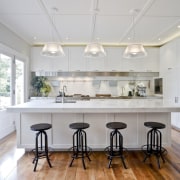 Positioning the island in this new kitchen at ceiling, countertop, daylighting, dining room, floor, flooring, interior design, kitchen, real estate, room, window, wood flooring, gray
