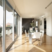 Penthouse living space and dining area with white apartment, floor, flooring, house, interior design, penthouse apartment, property, real estate, white