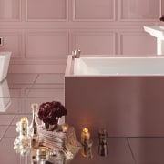 View of a large bathroom with a large bathroom, countertop, floor, flooring, interior design, kitchen, plumbing fixture, room, sink, tap, tile, red, pink