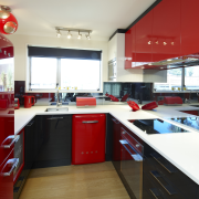 Another view of the kitchen. - Another view countertop, interior design, kitchen, room, red, white